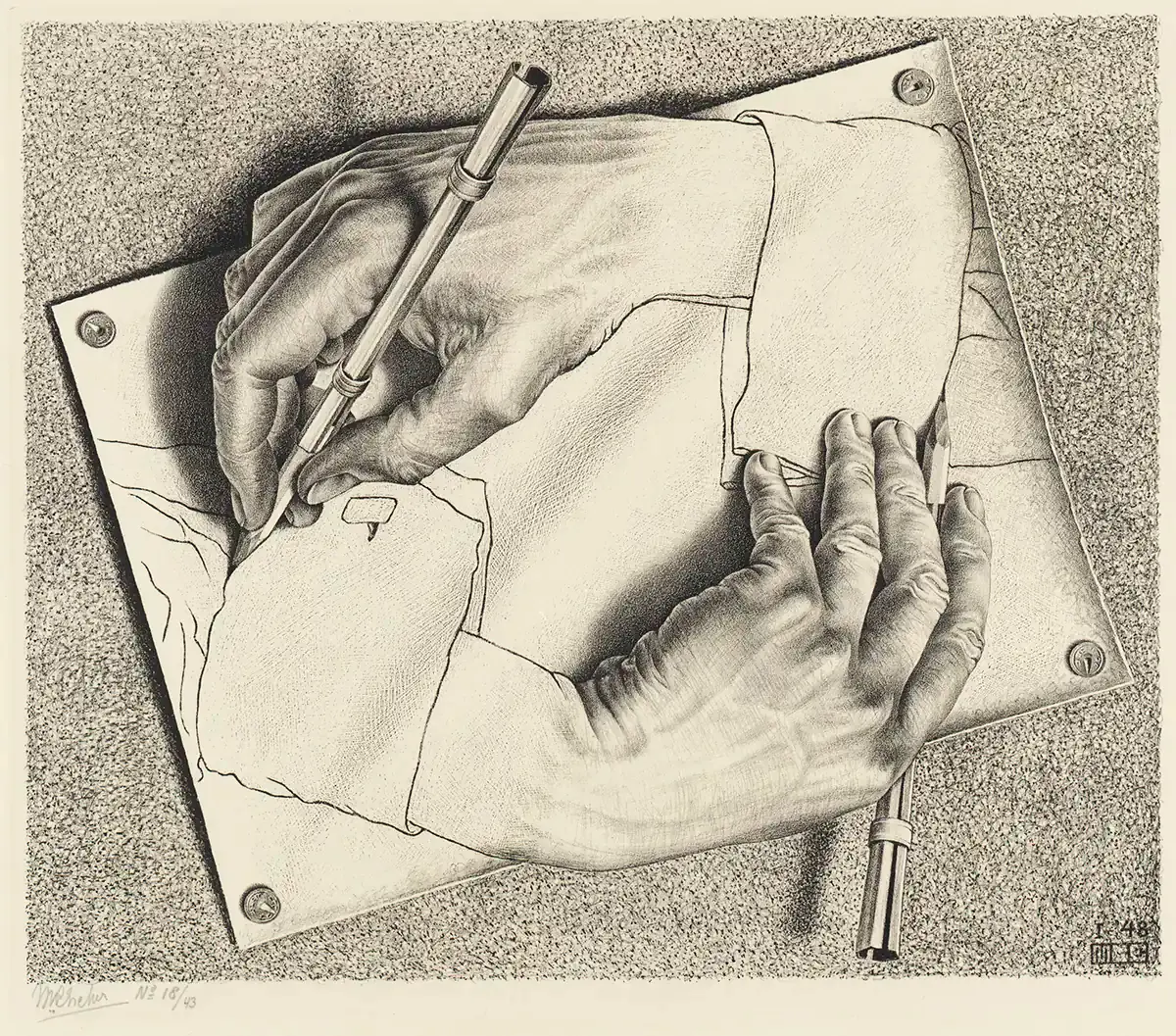 Drawing Hands by M.C. Escher - يدان كل منهما ترسم الأخرى